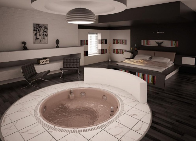Schlafzimmer mit Whirlpool -rund-bett-schwarz-weiss-modern-dunkel-dezent-beleuchtung
