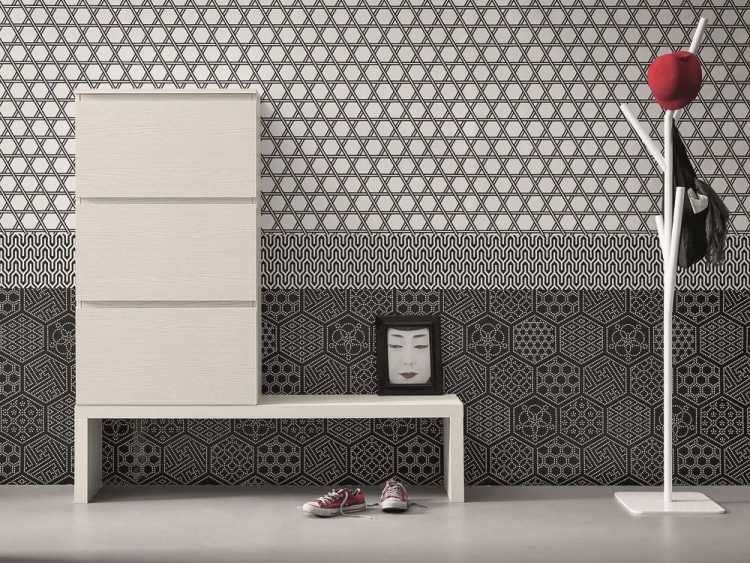 Schuhschrank Ideen -MINIMA-weiss-minimalistisch-tapete-schwarz-muster-waben-struktur