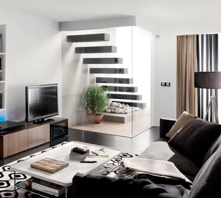 schwebende Treppen -schwarz-wohnzimmer-modern-weiss-holz-deko-couch-modern