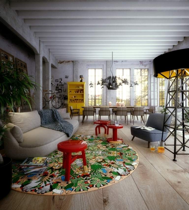 teppich-design-bunt-rund-modern-couch-sessel-hocker-nebentische-rot-dielenboden