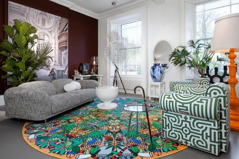 Teppich Design -rund-bunt-sessel-couch-grau-muster-polster-modern