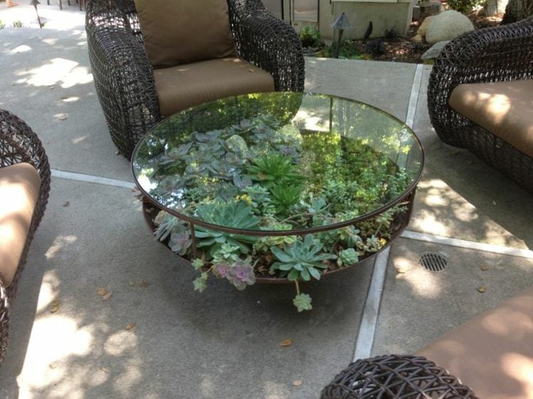 terrarium möbel couchtisch rund design sukkulenten outdoor korb sessel
