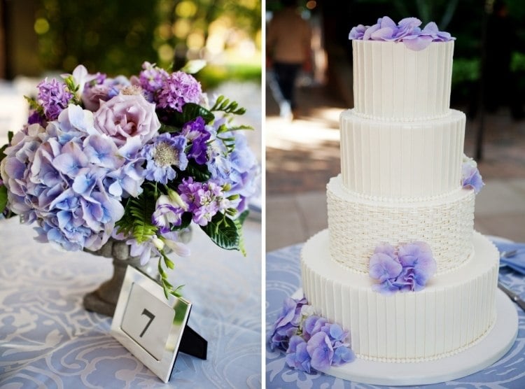 Tischdeko mit Hortensien -hochzeit-hochzeitstorte-weiss-blueten-violett-fielder-farbe
