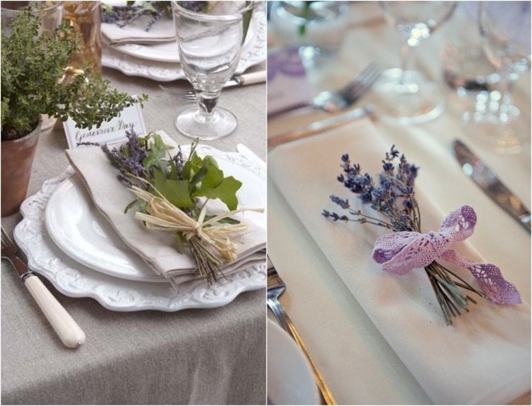 Tischdeko mit Lavendel serviette-bund-bastband-hakelband