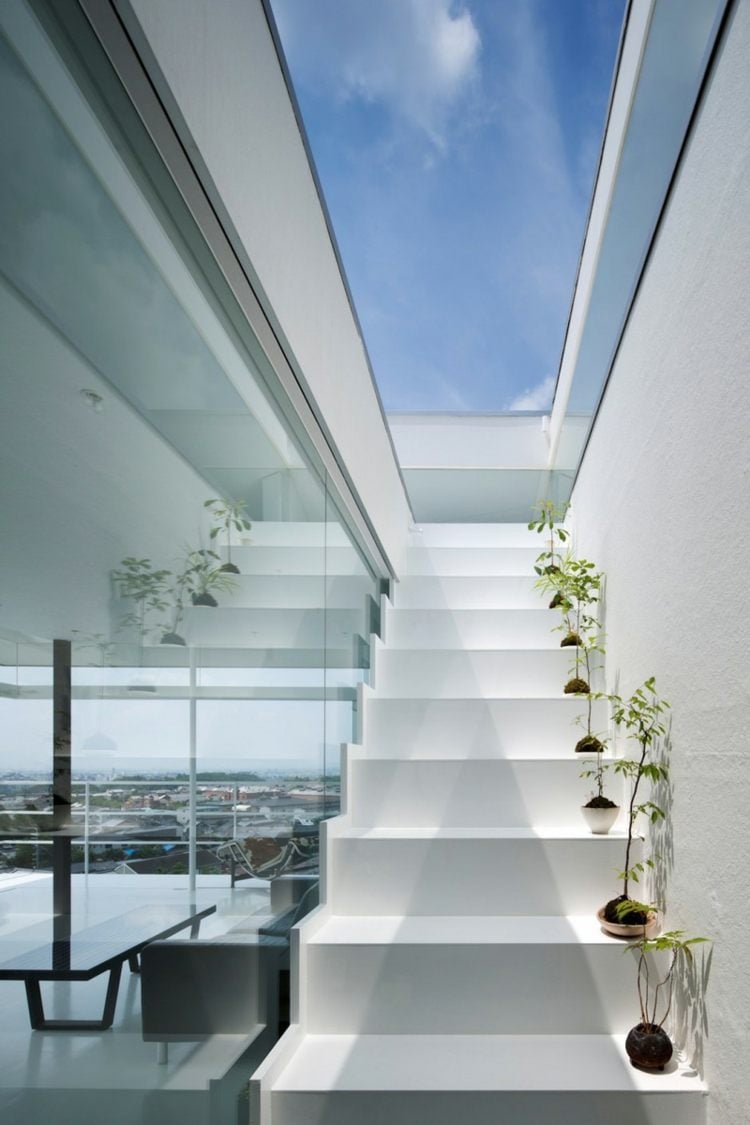 treppe in minimalistischem stil dachfenster glas wand pflanzen stufen deko