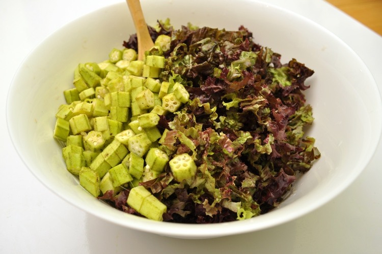 vegane rezept für gemüse dressing okra roter blattsalat gericht