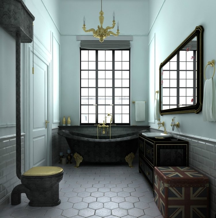 vintage-deko-moebel-badezimmer-schwarz-badewanne-freistehend-armatur-vergoldet-kraonleuchter-spiegel
