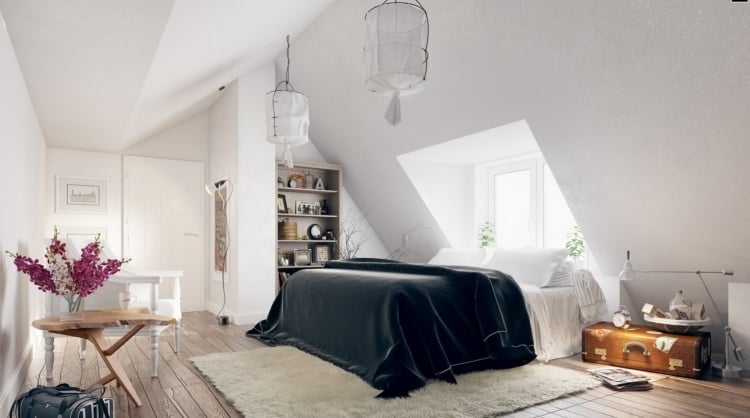 Vintage Deko -moebel-weiss-schlafzimmer-skandinavisch-dachgeschoss-teppich