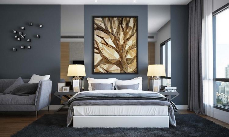 Wandfarbe Grau -kombinationen-braun-bild-holzboden-schlafzimmer-fensterwand-nachtlampe-teppich
