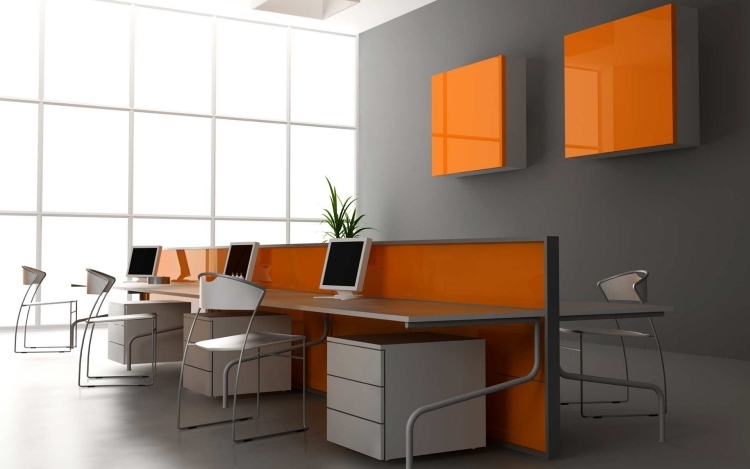 wandfarbe-grau-kombinationen-orange-buero-arbeitsplaetze-stuehle-trennwand