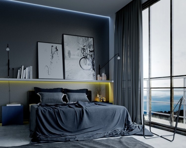 wandfarbe-grau-kombinationen-schlöafzimmer-indirekte-beleuchtung-gelb-fensterwand-modern