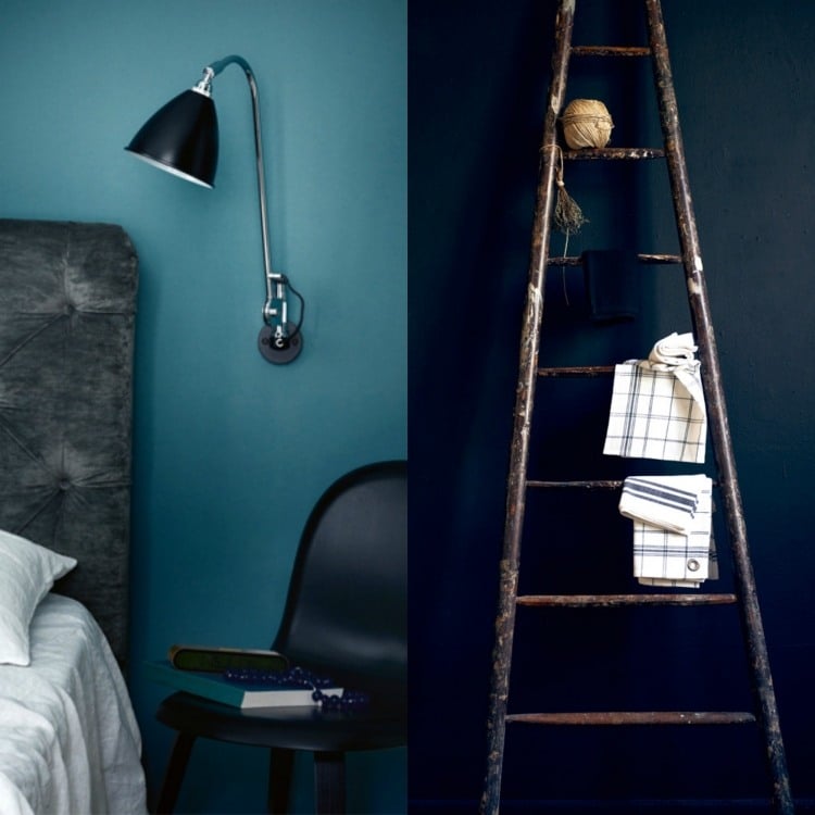 wandfarbe-petrol-blau-schlafzimmer-schwarzer-kopfteil-stuhl-wandleuchte