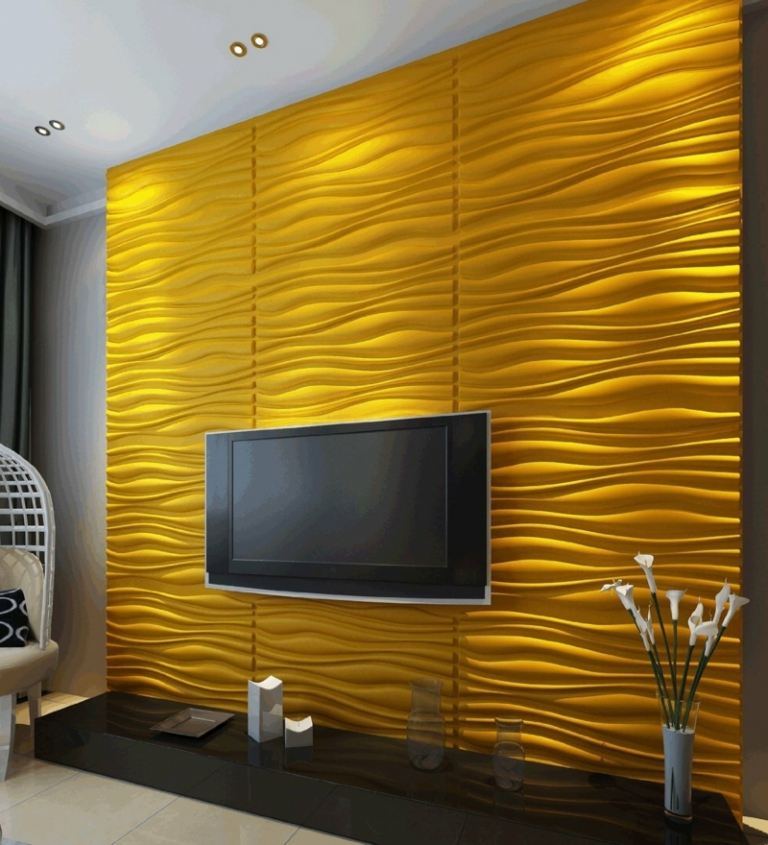 wandgestaltung im wohnzimmer 3d wellenmuster gelb design lowboard