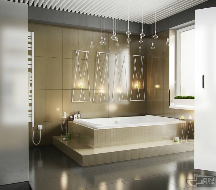 wohnung mit grauer einrichtung fliesen gold badewanne elegant
