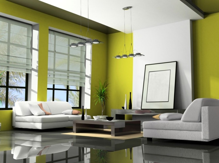 Zimmer streichen -gelbgruen-wohnzimmer-grau-fussboden-hochglanz-couchtisch-fenster