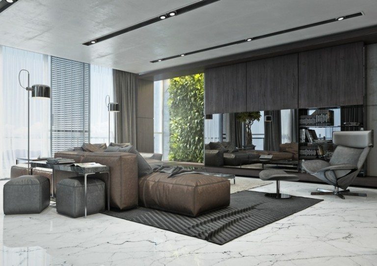 Einrichtungsideen-minimalistisch-Wohnstil-modern-Marmor-Ledercouch-grau-Glas-Wohnwand