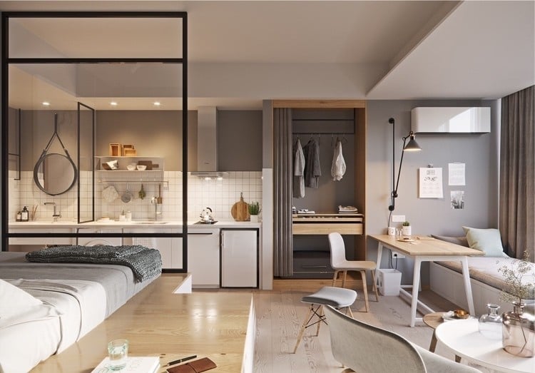 Einzimmerwohnung mit Wandfarbe Beige-Grau Gestaltungsideen