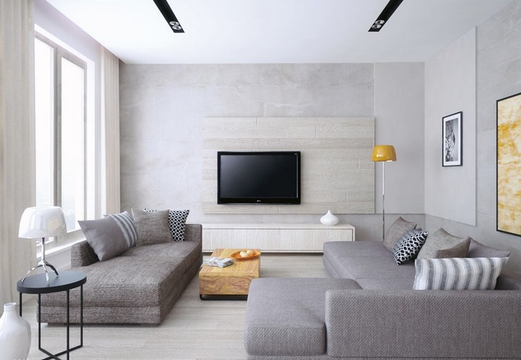 Fernseher-Wand-montieren-Wohnzimmer-graue-sturkturfarbe-wandpaneele-graue-sofa