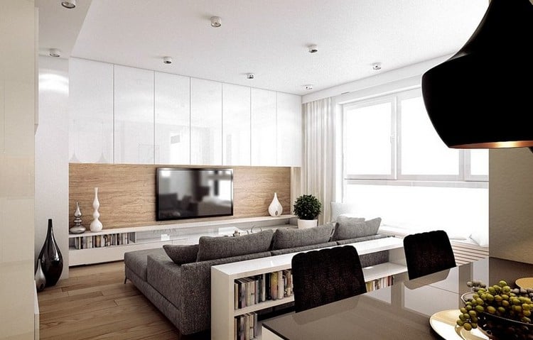 Fernseher-Wand-montieren-Wohnzimmer-holz-wandpaneele-hochglanz-schrankfronten
