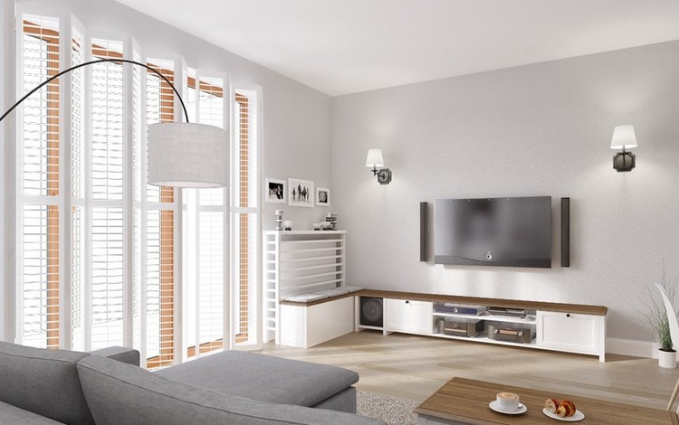 Fernseher-Wand-montieren-Wohnzimmer-seindengraue-wandfarbe-lowboard