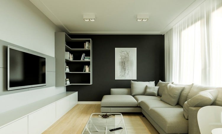 Fernseher-Wand-montieren-Wohnzimmer-wandpaneele-regale-schwarze-akzentwand