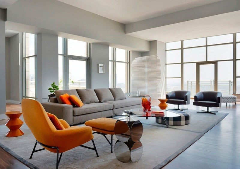 Inneneinrichtung-Ideen-Wohnzimmer-Retro-Moebel-Designklassiker-orange-Sessel