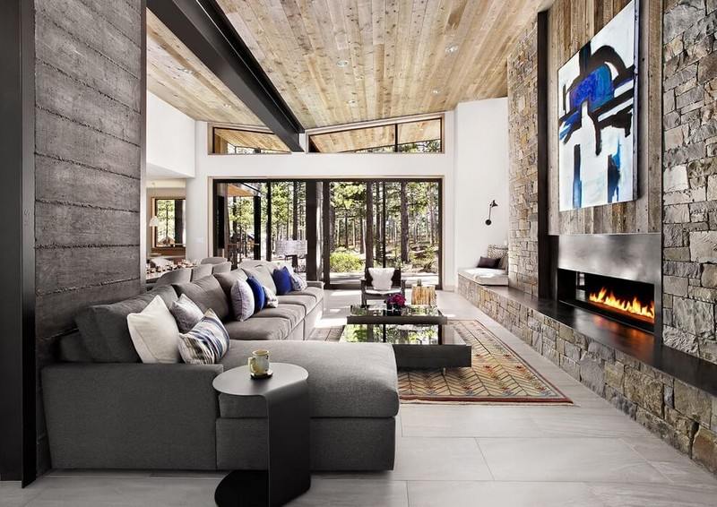 Inneneinrichtung Ideen Wohnzimmer-Sofa-grau-Natursteinwand