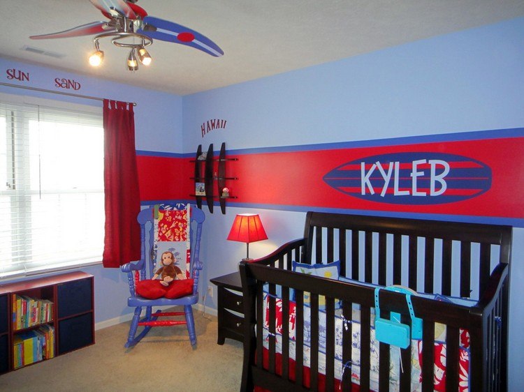 Kinderzimmer-Deko-babyzimmer-ideen-motto-surfen-blau-rot