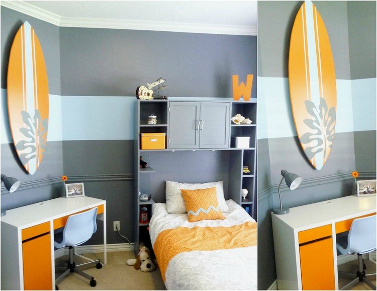 Kinderzimmer-Deko-ideen-motto-surfen-junge-grau-orange