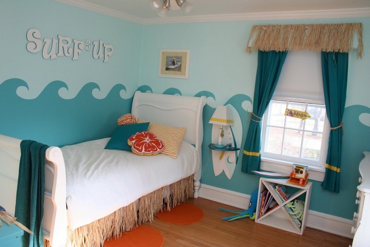 Kinderzimmer-Deko-ideen-motto-surfen-wandgestaltung-wellen-blautoene