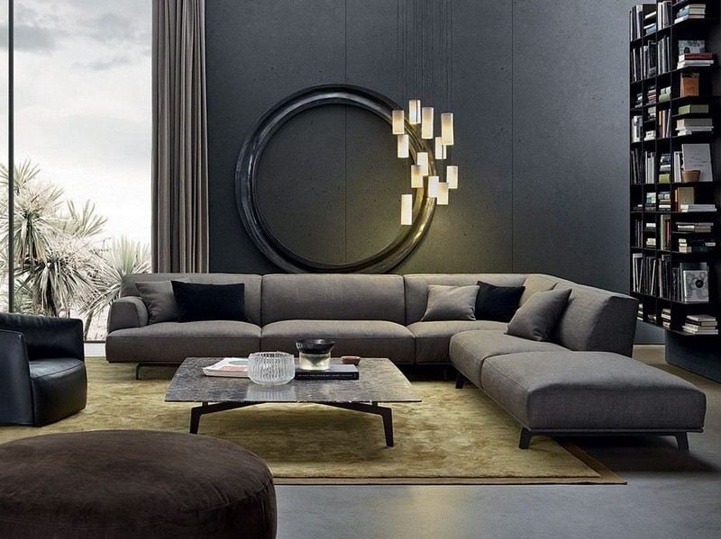 Sofa-Grau-Ecksofa-gold-beige-Teppich-Farben-kombinieren-runder-Spiegelrahmen