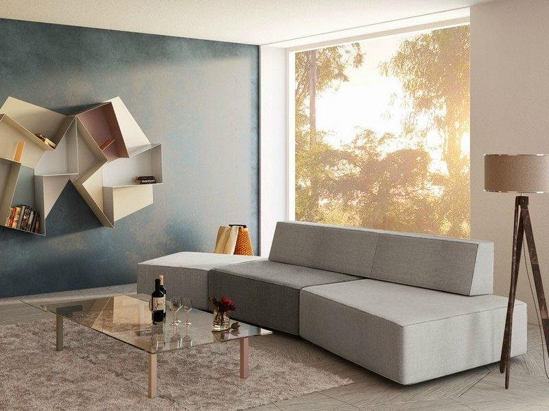 Sofa-Grau-moderne-modulare-Moebel-Wohnzimmer-Wand-Blau-Braun