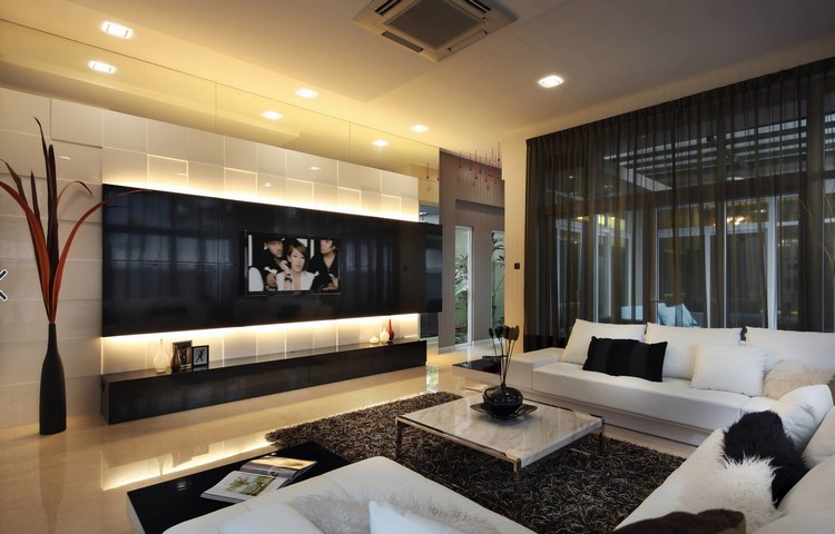 Wohnwand-mit LED Beleuchtung wohnzimmer-schwarz-weiss-wand-fernseher
