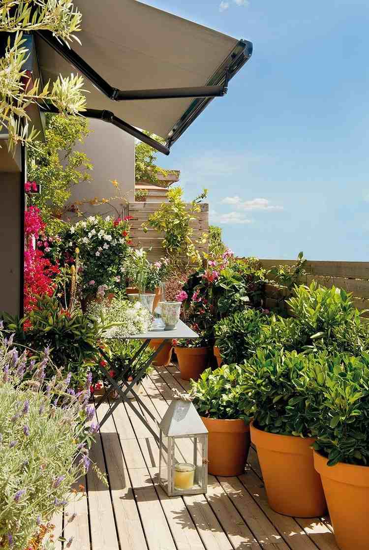 Balkon gestalten suedbalkon-markise-pflanzen-holzboden-mediterrane-pflanzen