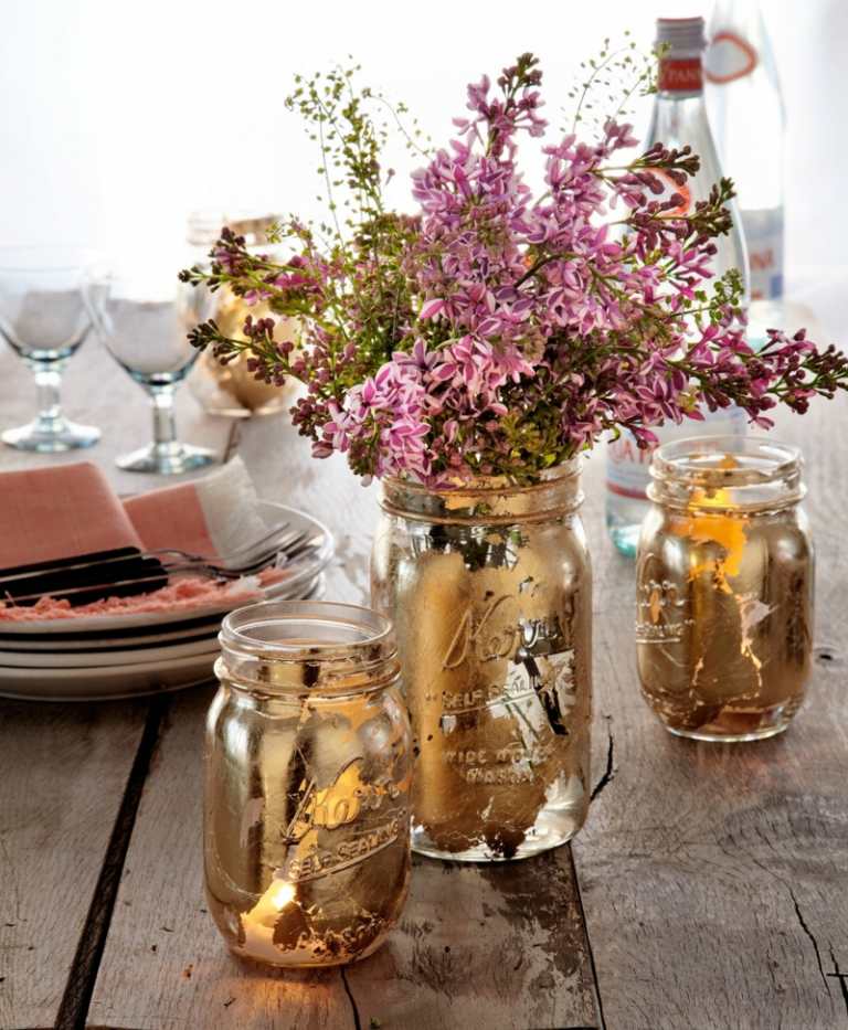 basteln für erwachsene einweckglaeser vasen gold akzente rosa blumen