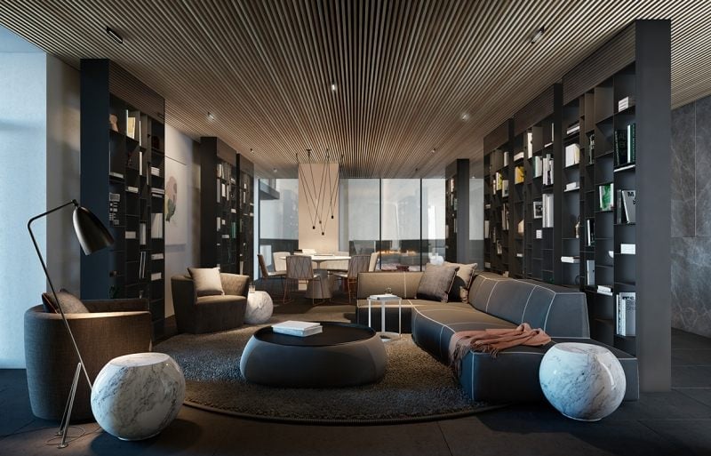 Deckenpaneele verlegen -holz-modern-schwarz-wohnzimmer-couch-bibliothekenwand-essbereich