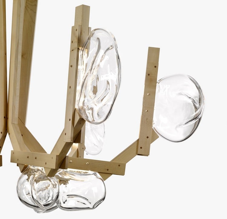 Design Kronleuchter mundgeblasenem-glas-holz-gestell-transparente-glas-kugeln