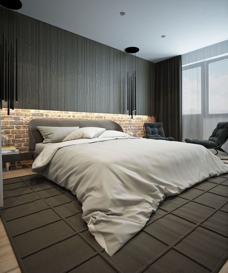 einrichten-naturtonen-urban-schlafzimmer-graues-polsterbett-led-beleuchtung-pendelleuchten