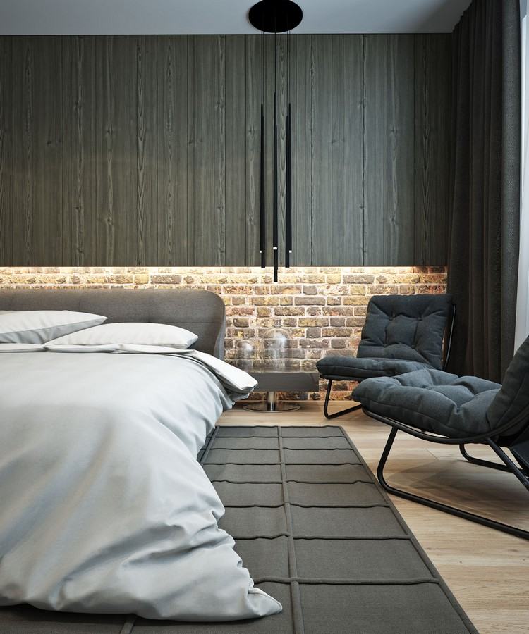 einrichten-naturtonen-urban-schlafzimmer-led-wand-leiste-holzpaneel-ziegel-schwarze-hangeleuchte