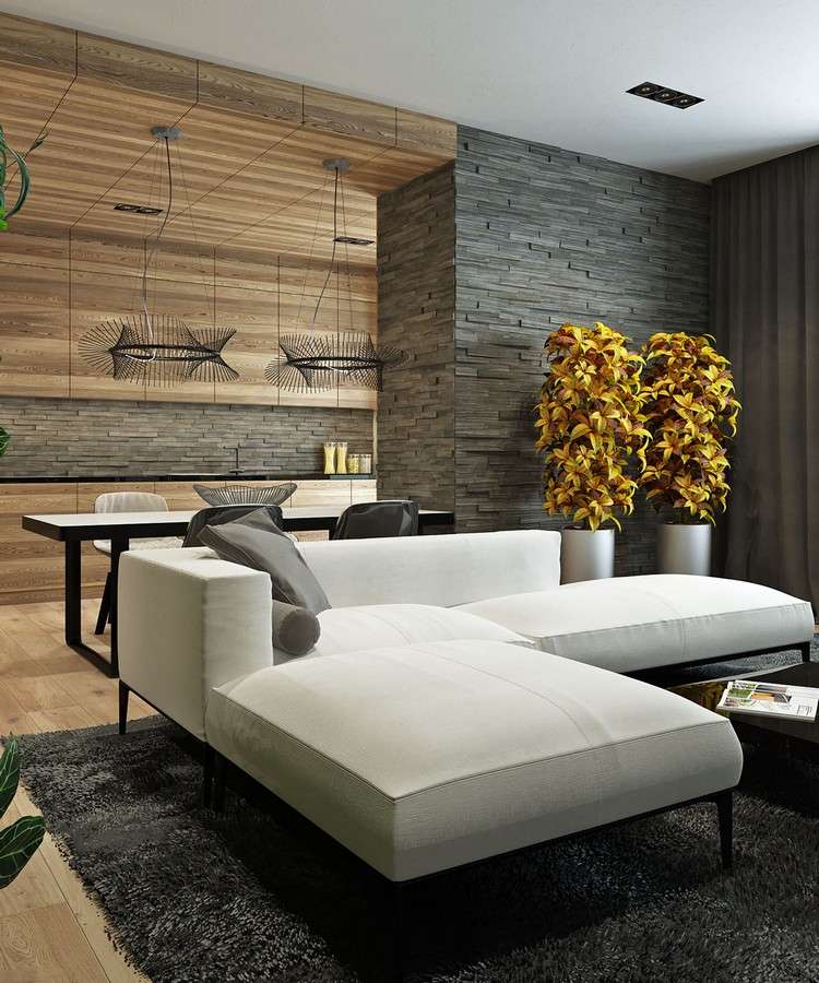 Einrichten in Naturtönen wohnideen-wohnzimmer-holz-steinwand-weisses-sofa