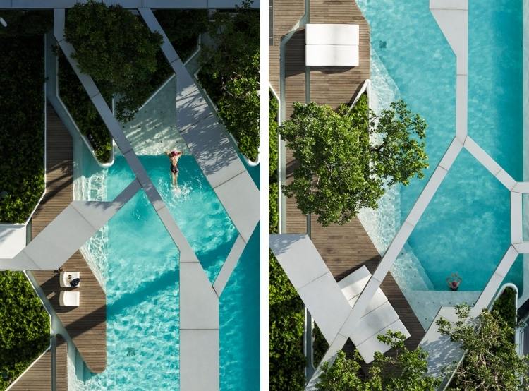 Garten- und Landschaftsbau -schwimmbad-geometrische-formen-modernes-design-weiss-pflanzen-baeume