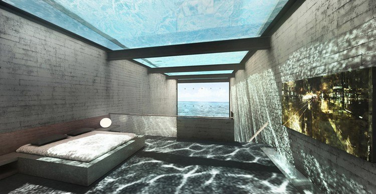 Glas-Pool am Dach klippenhaus-konzept-schlafzimmer-wasser-licht-effekte