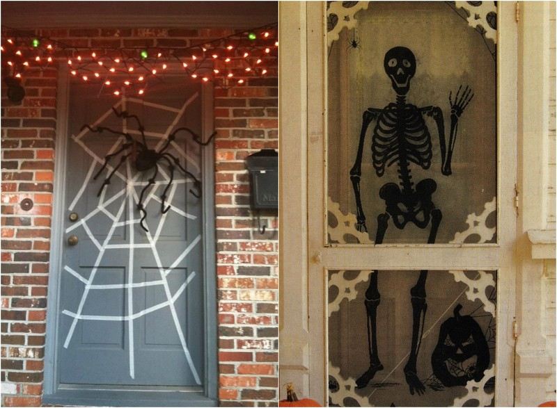 halloween-tuerdeko-ideen-malersband-spinnennetz-skelett-aufkleber