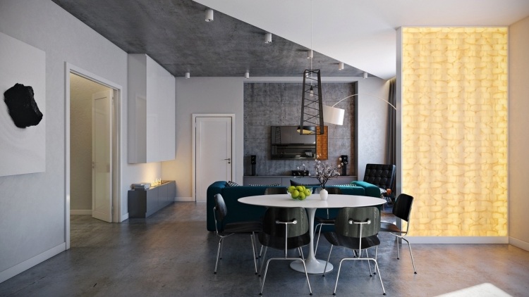 industrial-design-moebel-betondecke-betonboden-wohnzimmer-esszimmer-tisch-stuehle