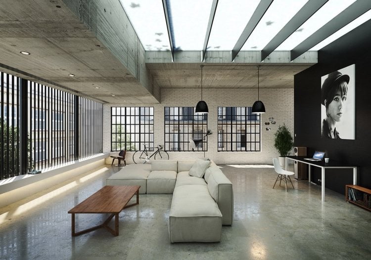 industrial-design-moebel-couch-modular-betonboden-flachdach-sprossenfenster-pendelleuchten