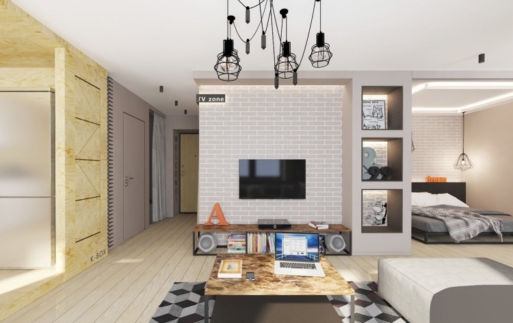 industrial-design-moebel-industrielampen-einzimmer-wohnung-schlafzimmer-backsteinwand-grau-fernseher