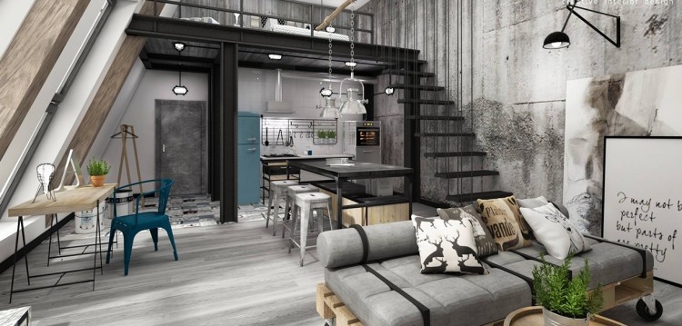 Industrial Design Möbel -loft-design-treppe-betonwaende-couch-paletten-deko-monochrom