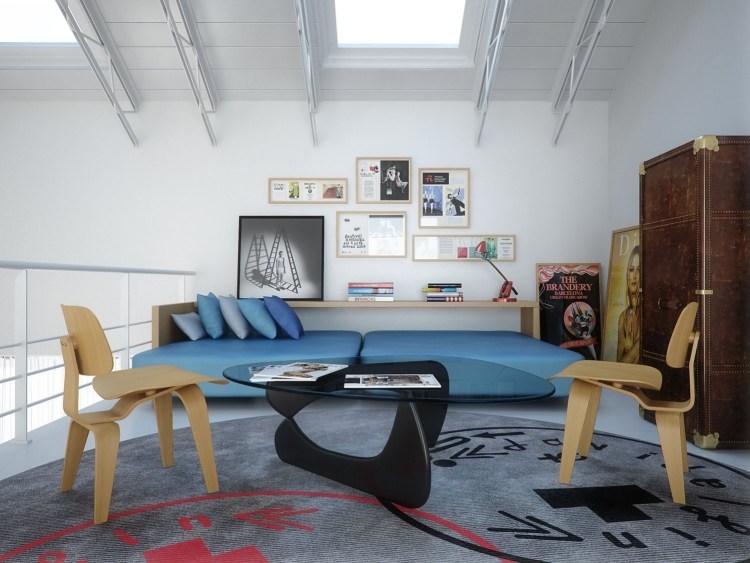 industrial-design-moebel-loft-modern-couch-tuerkis-teppich-posters-sperrholzstuehle