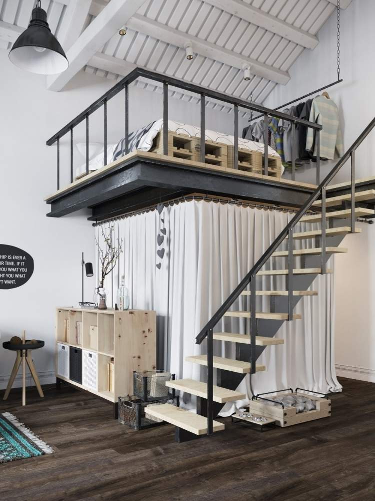industrial-design-moebel-praktisch-einzimmer-wohnung-metallkonstruktion-treppe-pendelleuchte