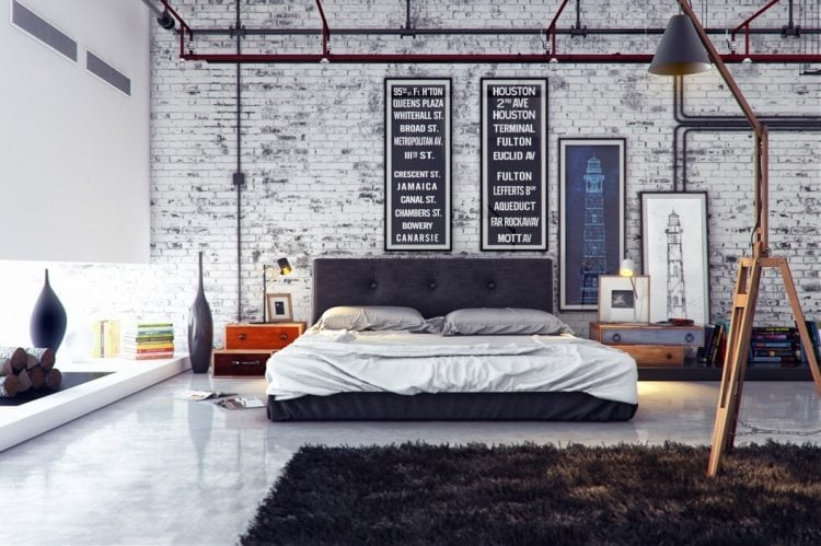 industrial-design-moebel-schlafzimmer-schilder-schwarz-weiss-backsteinwand-weiss-grau-betonboden